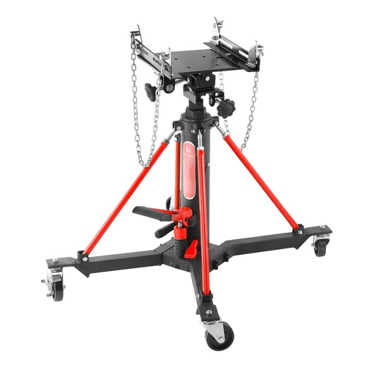 Facom DL_1000SUP hydraulic transmission jack with red support arms, black frame, chains, and caster wheels, front angle.