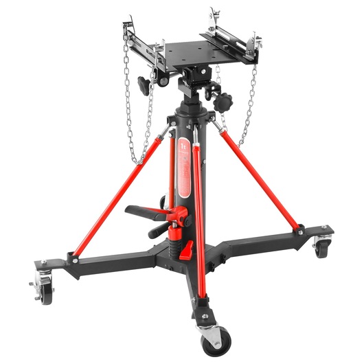 Facom DL1000 transmission jack with red and black frame, adjustable top plate, safety chains, and caster wheels, front view.