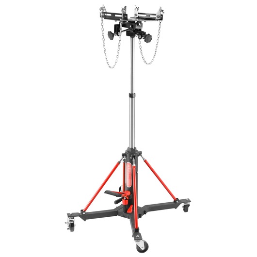 Facom DL1000 hydraulic transmission jack on wheels, upright angle, with chains and red support arms.