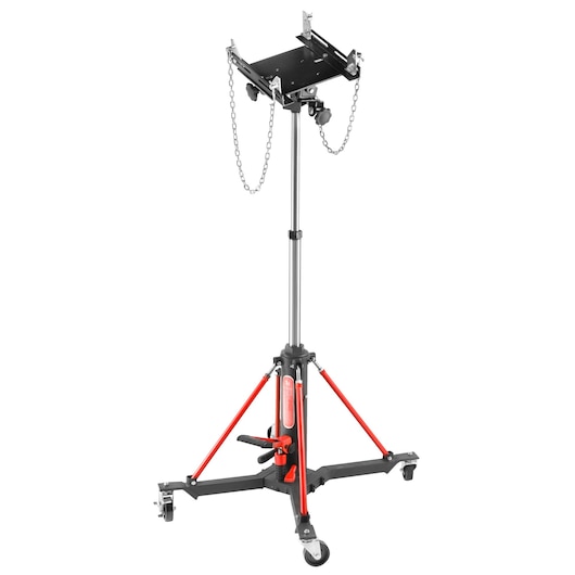Facom DL1000 transmission jack with adjustable platform, safety chains, red and black frame, side angle, white background.