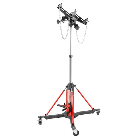 Facom DL1000 transmission jack with adjustable support, safety chains, and red legs, front angle on white.