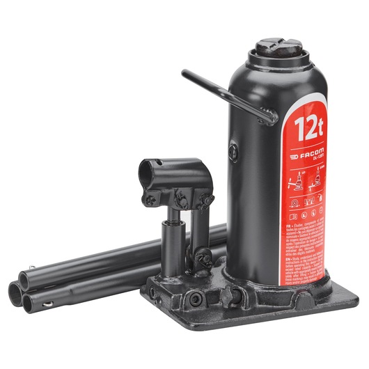 Photo of Facom DL12BTI 12-ton hydraulic bottle jack with black body, red label, and detachable pump handles, side angle.