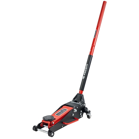 Facom DL15AL low-profile hydraulic floor jack with long handle, red and black, front angle on white background.