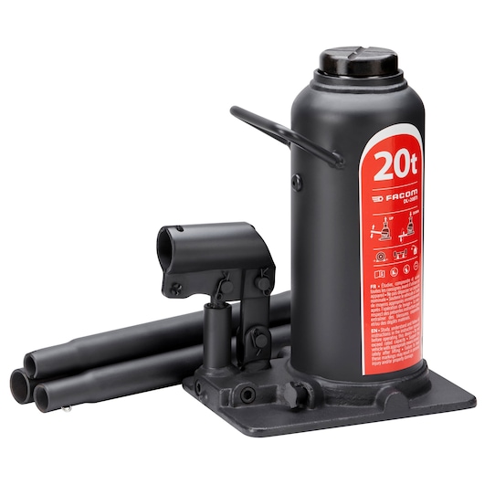 Photo of Facom DL20BTI bottle jack, black with red label, two detachable handles, angled view on white background.