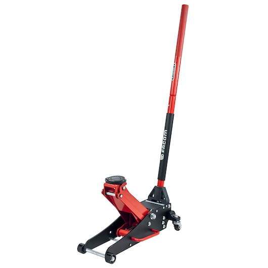 Facom DL25AL red and black hydraulic floor jack with long handle, shown at angle on white background.