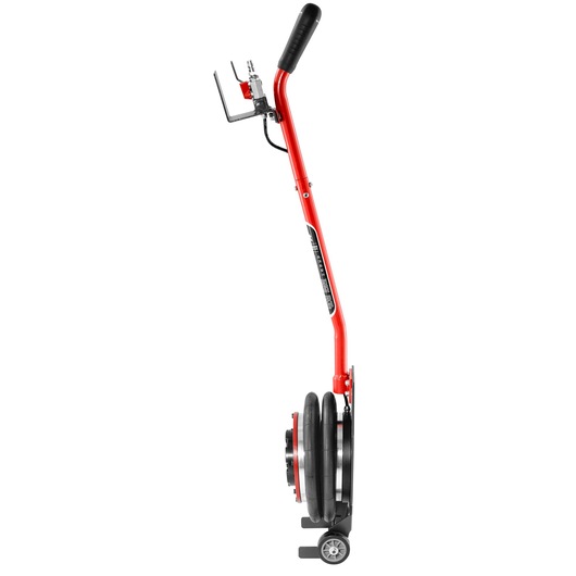 Facom DL_2A2L pneumatic jack with red handle, black grip, and attached wheels, side view on white background.