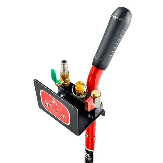 Facom DL_2A2L red and black tool handle with pneumatic connectors, valve, and control, studio angle.