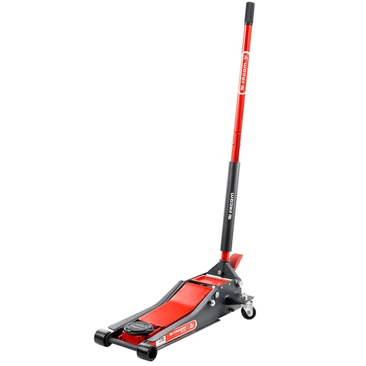 Facom DL_2LP low profile floor jack with long red handle, black and red body, white background, side angle.
