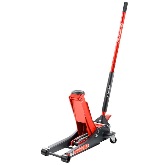 Facom DL_2LP red and black hydraulic floor jack, product side angle, photography category.