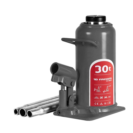 Facom DL_30BTI gray hydraulic bottle jack with red label, 30 ton capacity, front angle, white background.
