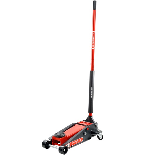 Facom DL.32APB red and black hydraulic floor jack, side angle, with extended handle, photography.