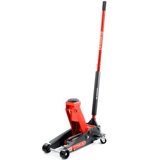 Photo of Facom DL.32APB floor jack, red and black, with long handle, side angle on white background.