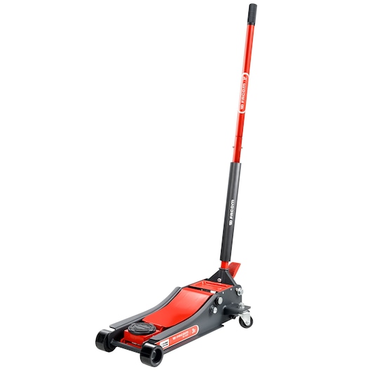 Facom DL3CLP red and black hydraulic floor jack with long handle, side angle on white background.