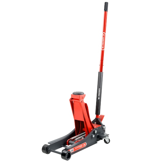 Photo of Facom DL3CLP red and black hydraulic floor jack, side angle, on white background.