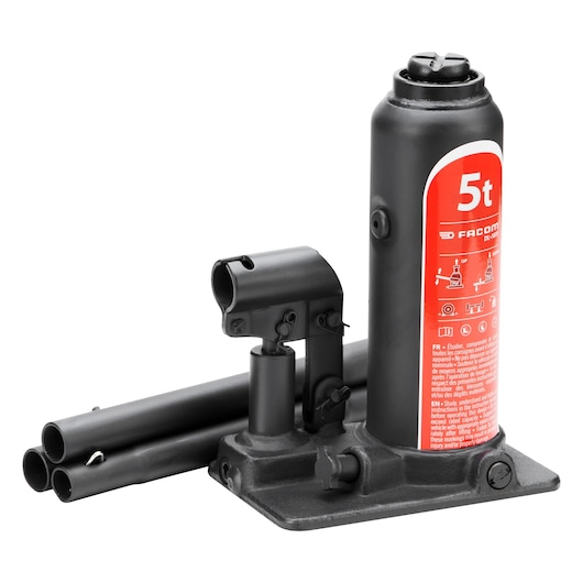 Facom DL5BTI black bottle jack with red label, 5t capacity, side angle, detachable handles.