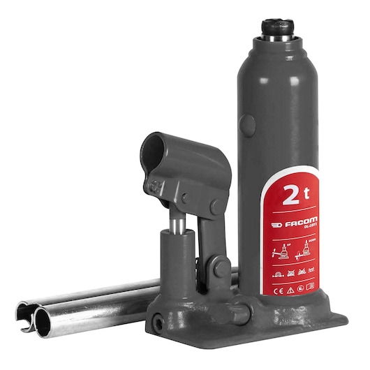 Facom DL8BTI photography of grey bottle jack with 2 ton capacity and two metal rods, front angle.