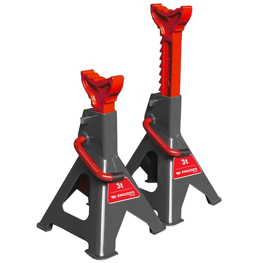 Photo of two Facom DLC3 jack stands, 3 ton capacity, black and red, side angle, white background.