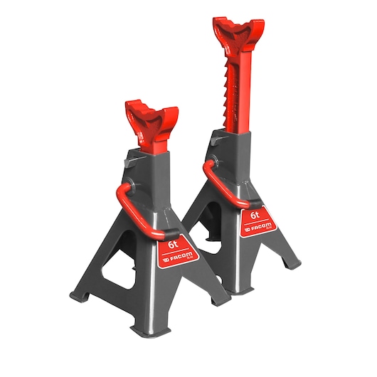 Photo of Facom DLC6 pair of 6 ton heavy duty adjustable jack stands, gray and red, front angle.