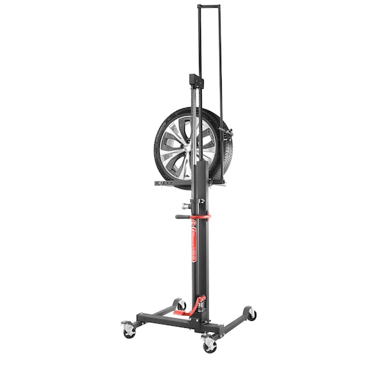 Facom DL_LR tire lift on white background, vertical design with wheel holder and caster base.