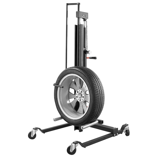 Facom DL_LR mobile tire lifting tool with wheel, front angle, black frame, silver rim, photography