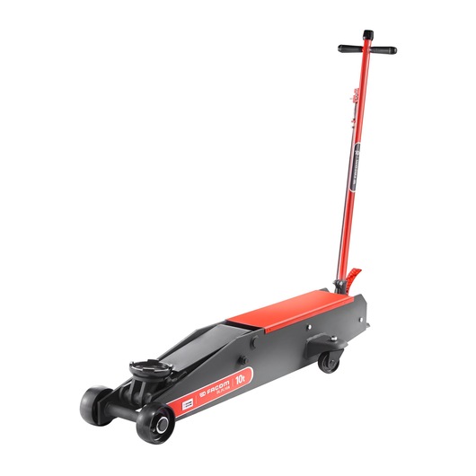 Photo of Facom DLPL5 hydraulic floor jack, red and black, side angle on white background.