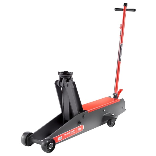 Facom DLPL5 floor jack with red handle and black body, side angle on white background, 10-ton capacity label.