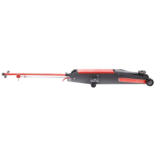Facom DLPL5 low-profile hydraulic floor jack with extended red handle, side angle, on white background.