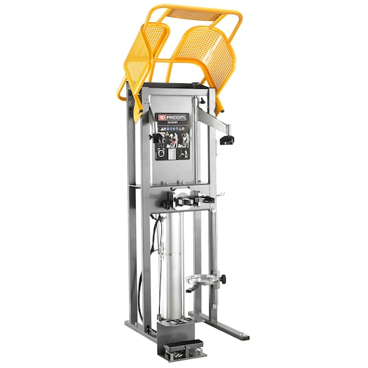 Photo of Facom DLS_501HPS hydraulic press with yellow safety guard, front angle on white background.