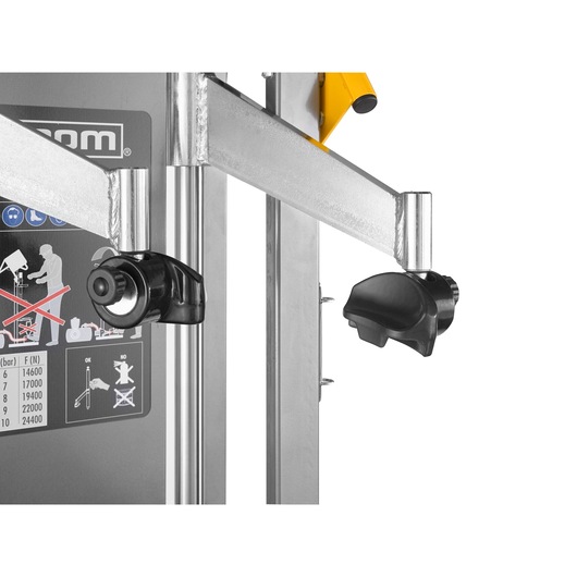 Facom DLS_501HPS close-up photo of metal frame adjustment knobs with instructional label, product side angle.
