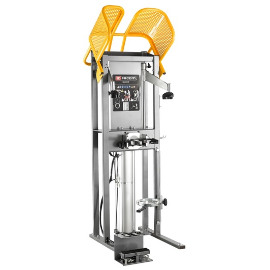 Photo of Facom DLS_501HP hydraulic press with yellow safety guards, upright front angle, on white background.