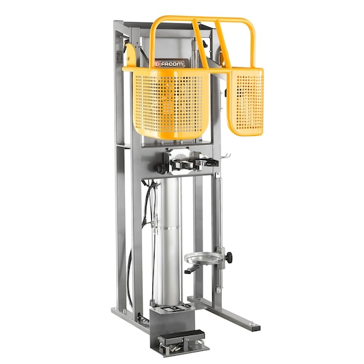 Facom DLS_501HP hydraulic lifting device with yellow safety cage, frontal view, photography category.
