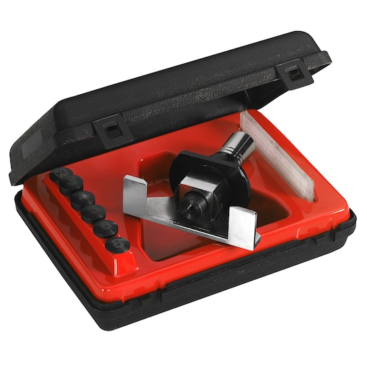 Facom DM_16 hole saw set in a black and red hard case, angled view, showing saw and six accessories.
