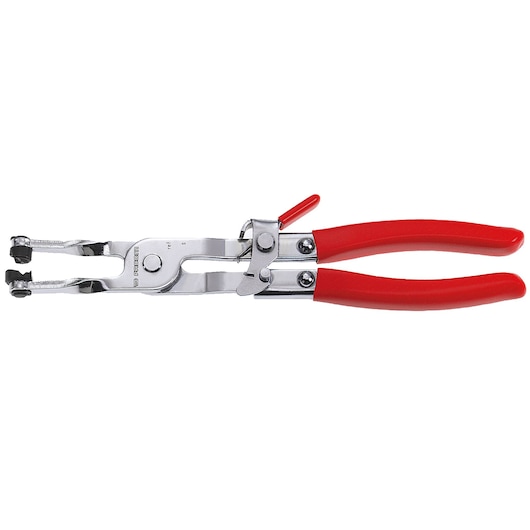 Facom DM27 automotive hose clamp pliers with red handles, side view on white background.