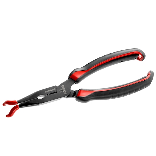 Facom DM_28A pliers with black and red ergonomic handles, angled jaws, front angle on white background.