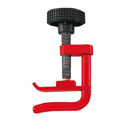 Facom DM90 red C-clamp with textured black adjustment knob, side angle on white background.