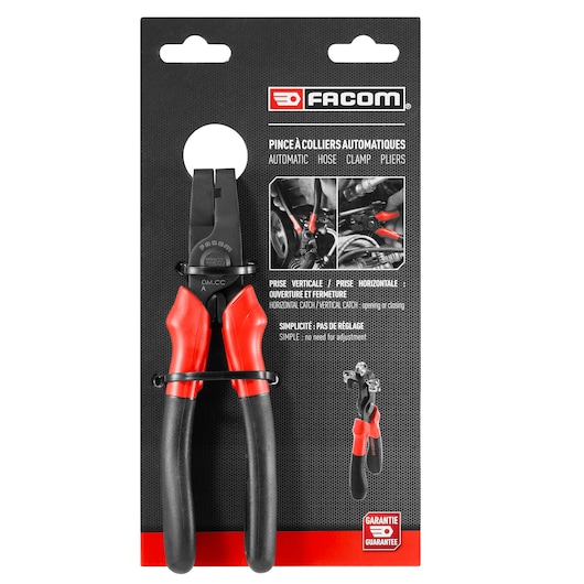Facom DM.CCPB automatic hose clamp pliers in black and red on retail packaging, front angle.