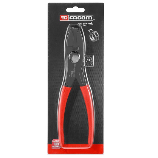 Facom DM.CPPB hose clamp pliers with red handles in retail packaging, front angle on white background.