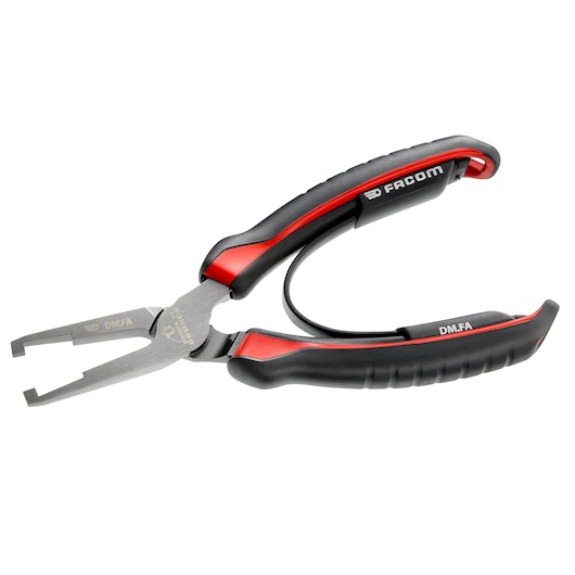 Facom DM_FA specialty pliers with black and red ergonomic handle, side angle view, white background.