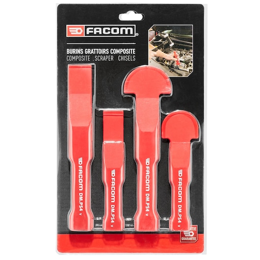 Facom DM_PS4PB composite scraper chisels set of four, red tools in retail packaging, front view.