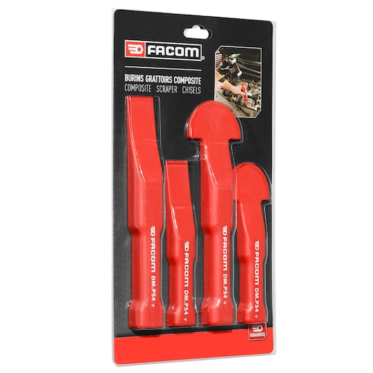 Photo of Facom DM_PS4PB composite scraper chisel set, four red chisels in retail packaging, front angle.