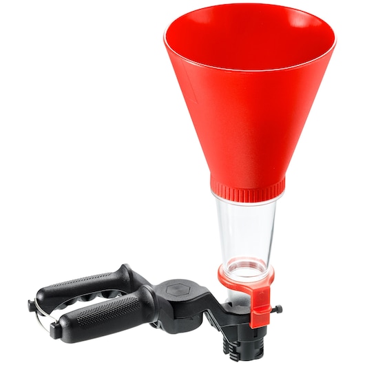 Facom DMUOF oil funnel with red wide-mouth top, clear tube, and black clamp handle, photography, front angle.