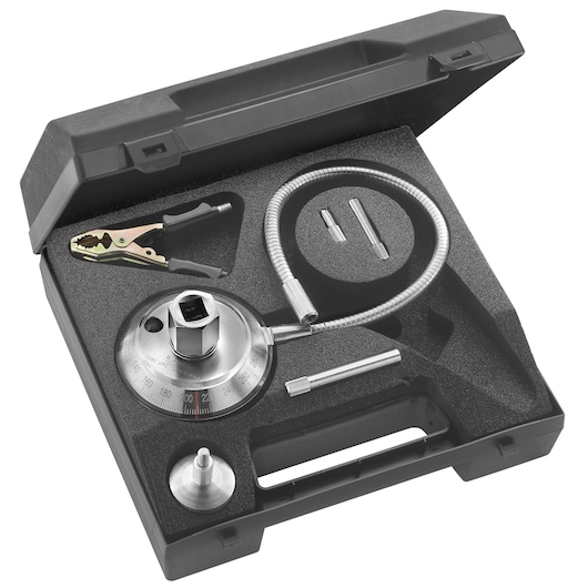 Facom DMP_360L torque angle gauge tool kit with metal attachments in black hard case, top view.