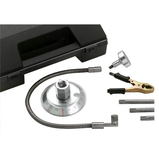 Facom DMP_360L torque angle gauge set with flexible arm, accessories, and black carrying case, product photo, white background.