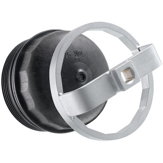 Facom DP_102-14 oil filter wrench, silver and black, angled product photography on white background.