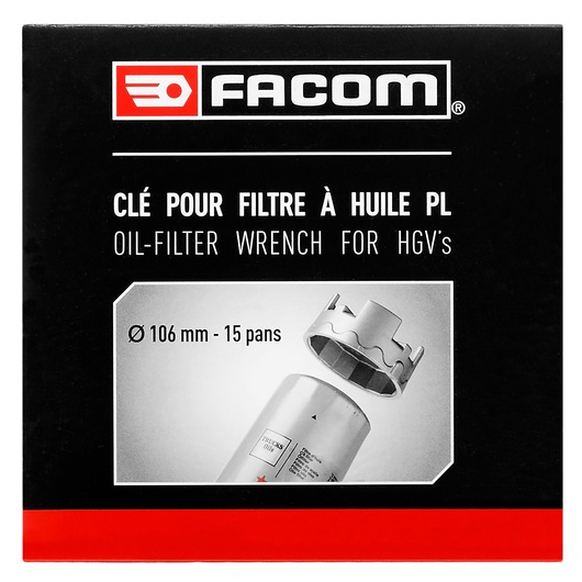 Photo of Facom oil-filter wrench for HGVs, SKU DP_106-15PB, 106 mm, 15 pans, box front on white background.