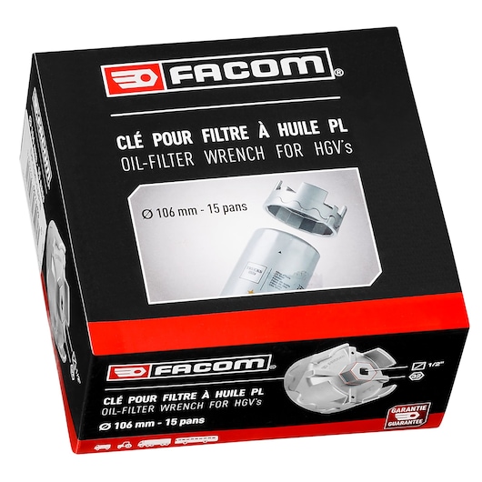 Facom DP_106-15PB oil-filter wrench for HGVs, 106 mm 15 pans, product box, angled on white background.