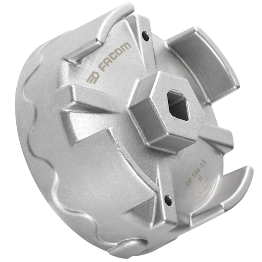 Facom DP106-15 silver oil filter wrench, close-up angle on white background.