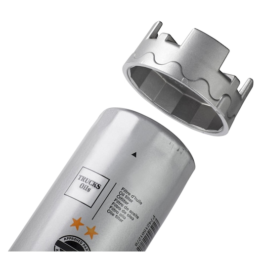 Facom DP106-15 oil filter wrench with silver finish, side angle, shown above an oil filter.