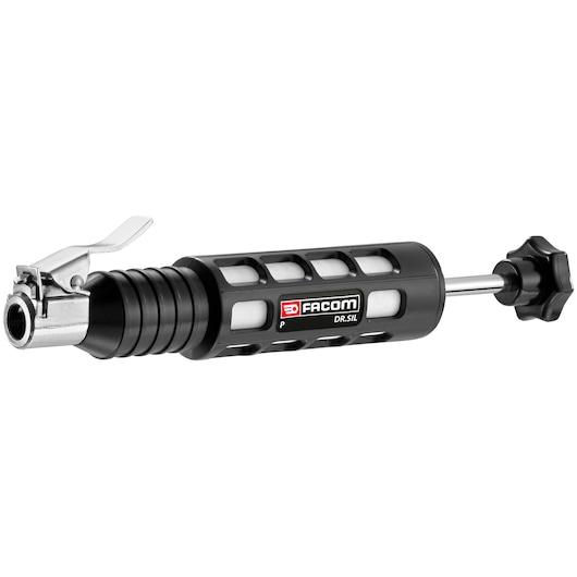 Facom DRSIL grease gun, black with silver metal parts, side angle on white background.