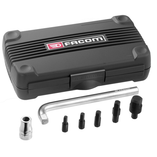 Facom DS_J5 bolt extractor set with black hard case and seven metal pieces, product photography, front angle.